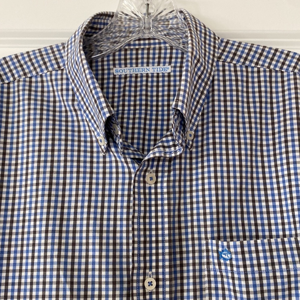Southern Tide Checked Button Front Shirt w Logo Blue & Black on White